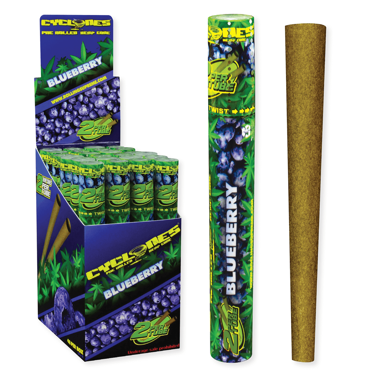 Cyclones 2X Pre-Rolled Hemp Cone Blueberry 24 Ct. Tube Upright Display