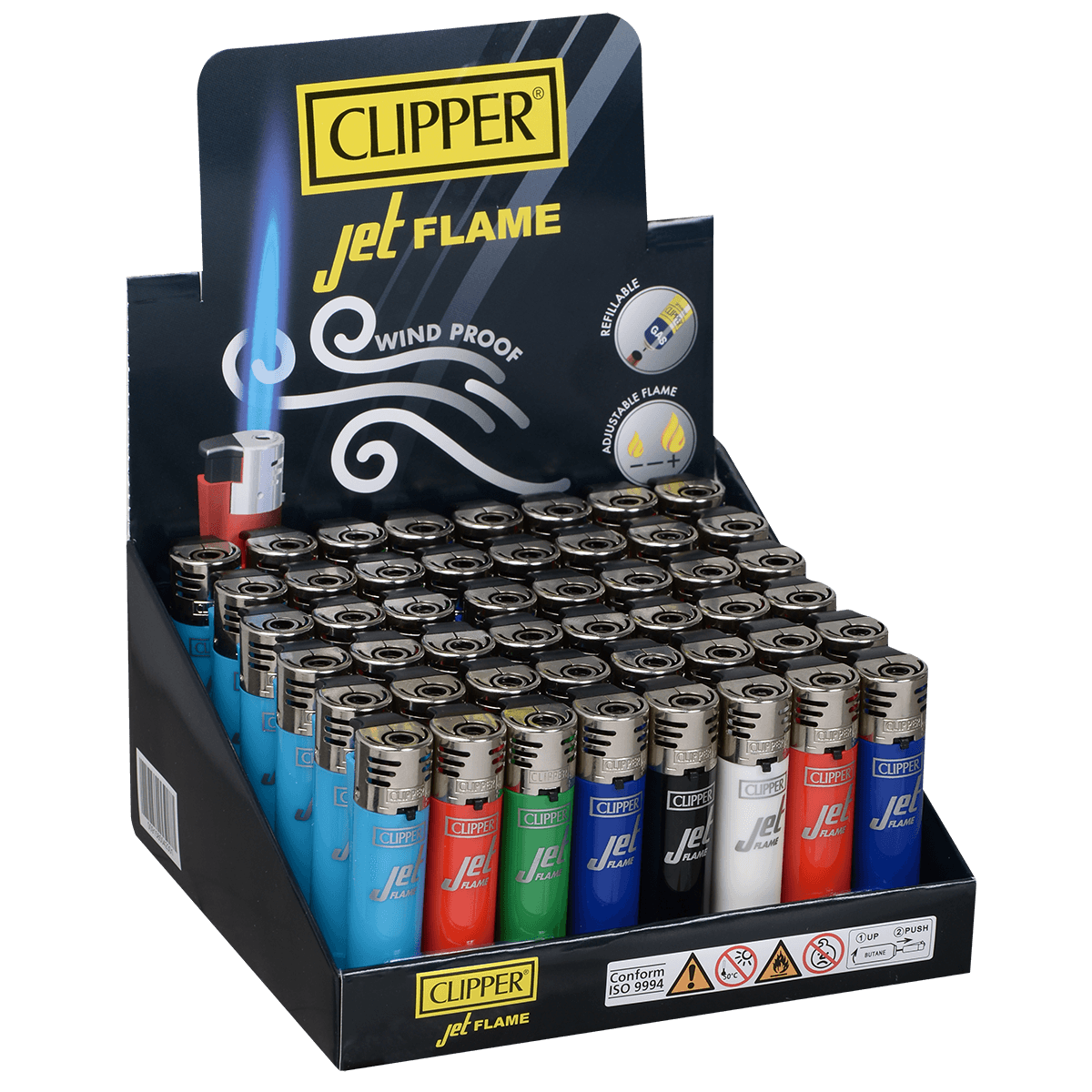 Clipper Electronic Jet Lighter Assorted Colors 48 Ct Tray