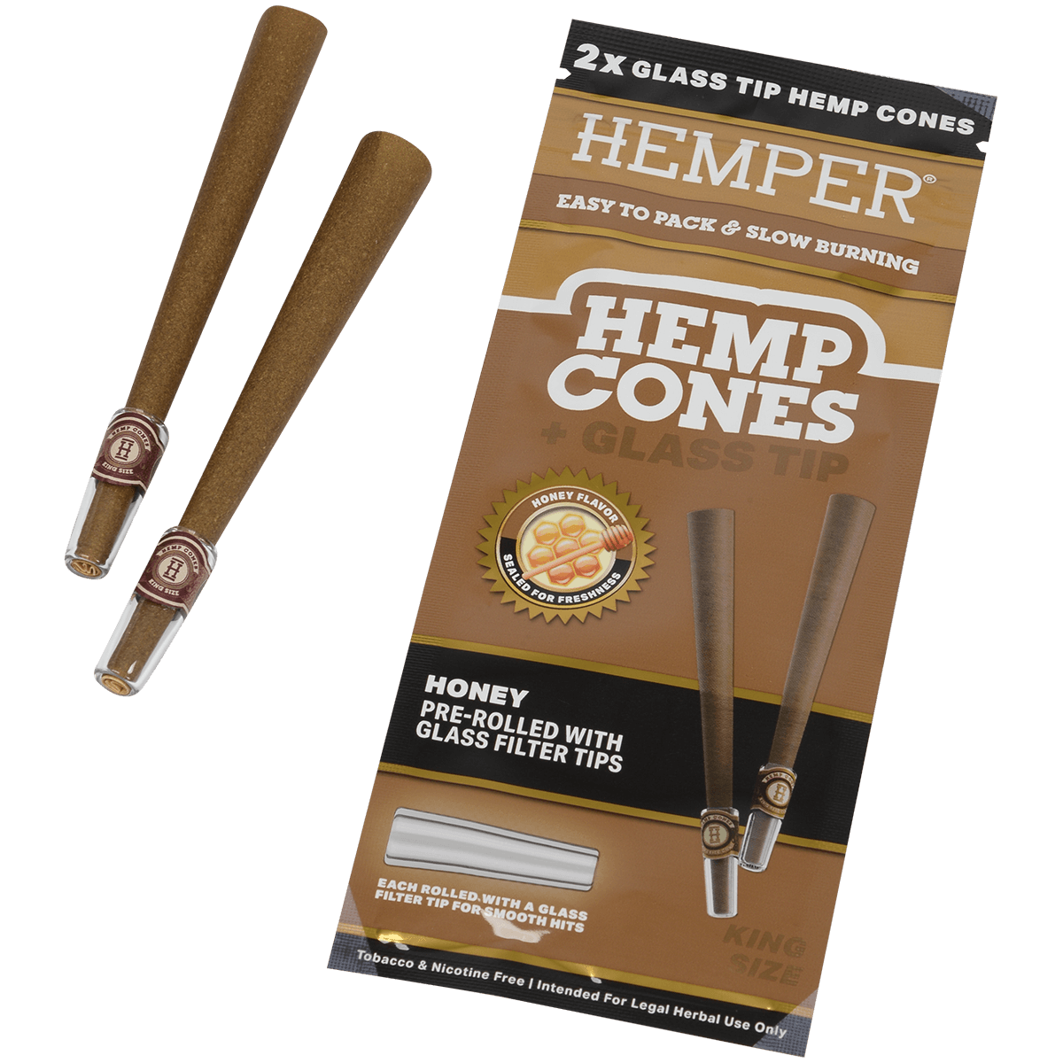Hemper King Size Cones + Glass Tip 12Ct Display With 2 In Each Pk Honey