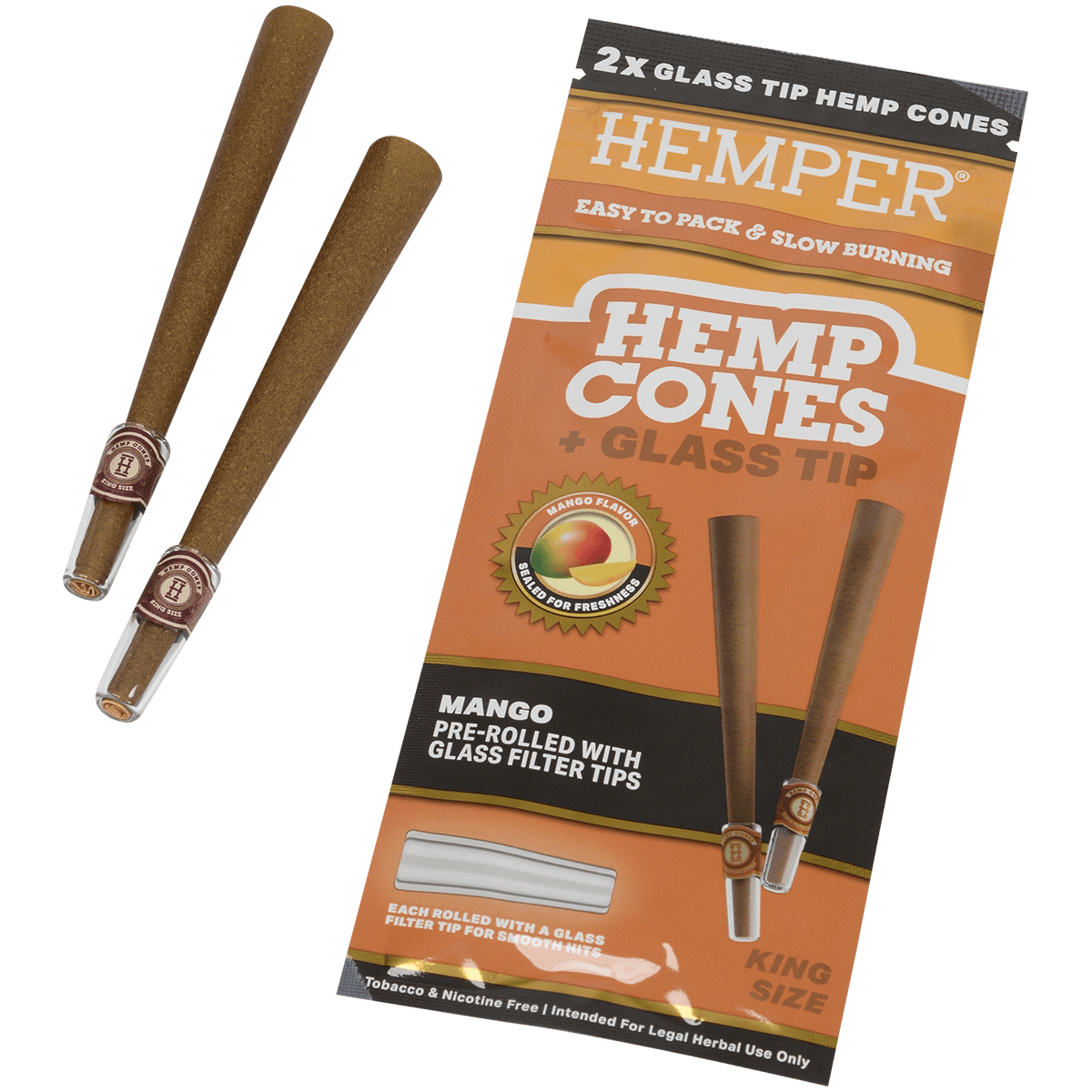 Hemper King Size Cones + Glass Tip 12Ct Display With 2 In Each Pk Mango