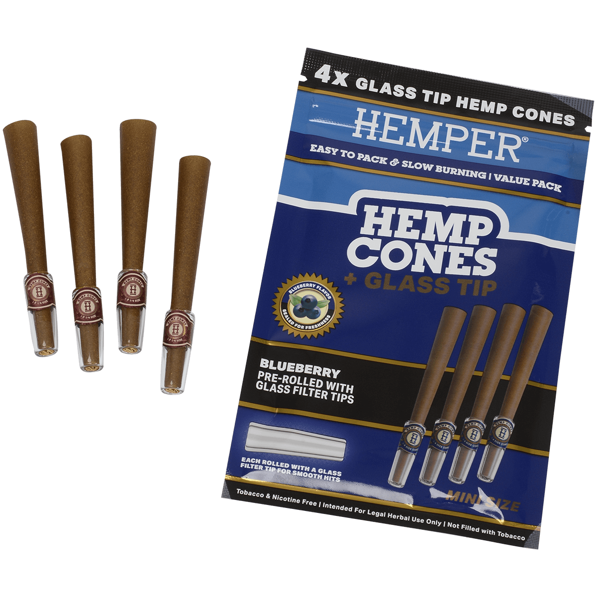 Hemper Mini Size Cones+Glass Tip 12 Ct Display 4 In Each Pk Blueberry