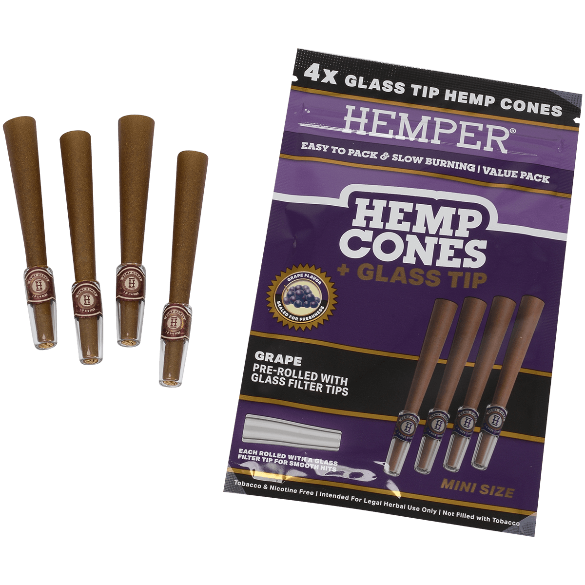 Hemper Mini Size Cones+Glass Tip 12 Ct Display 4 In Each Pk Grape