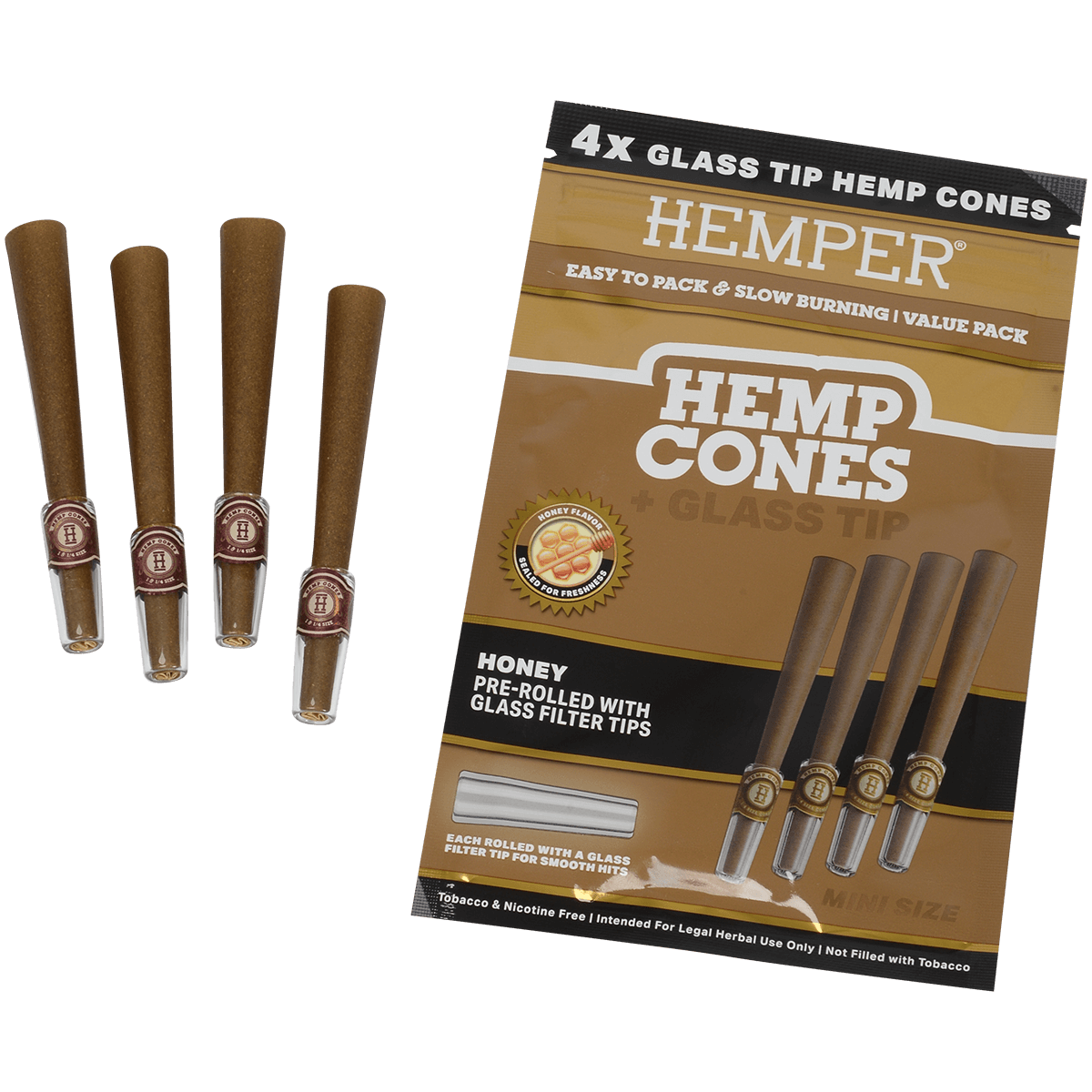 Hemper Mini Size Cones+Glass Tip 12 Ct Display 4 In Each Pk Honey