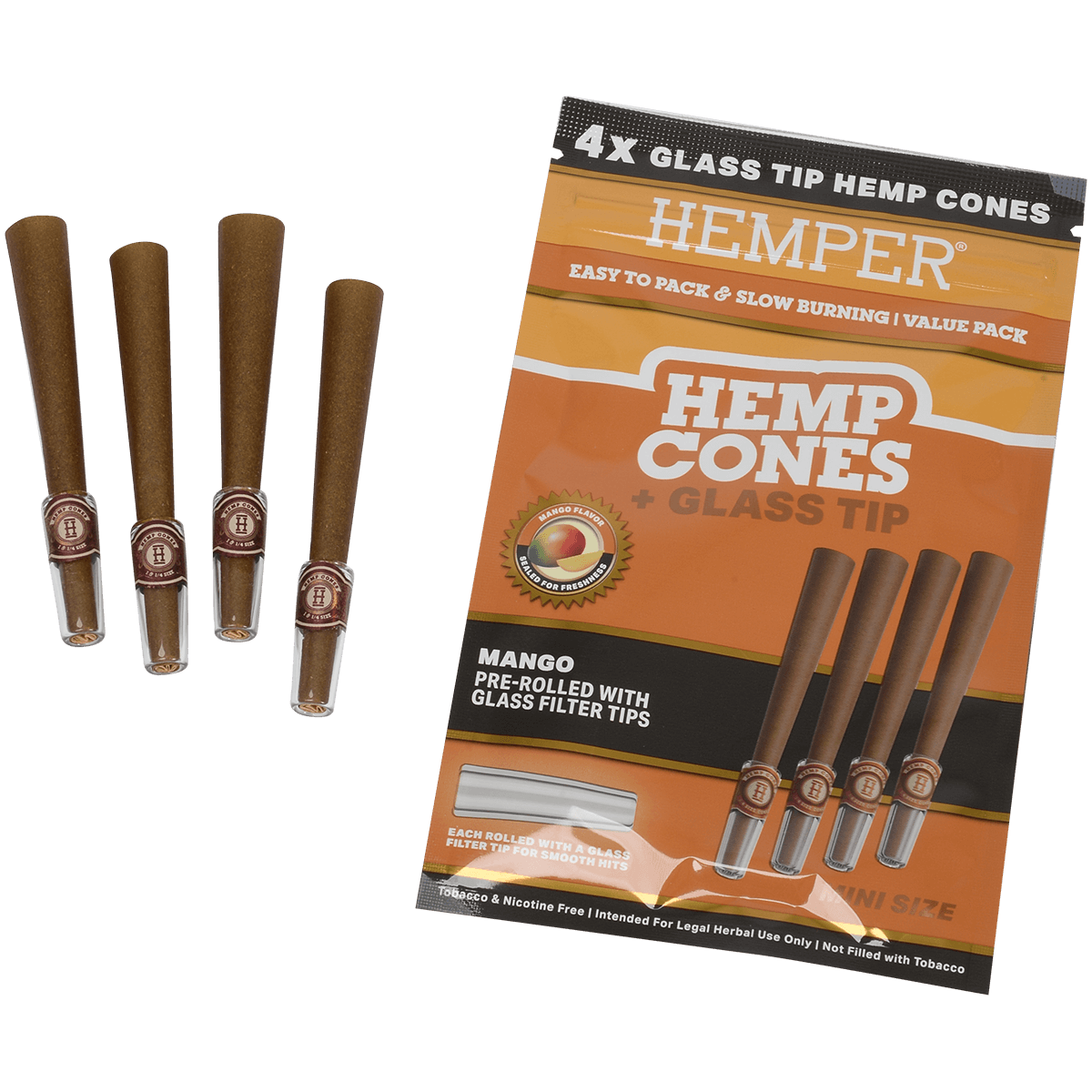Hemper Mini Size Cones+Glass Tip 12 Ct Display 4 In Each Pk Mango