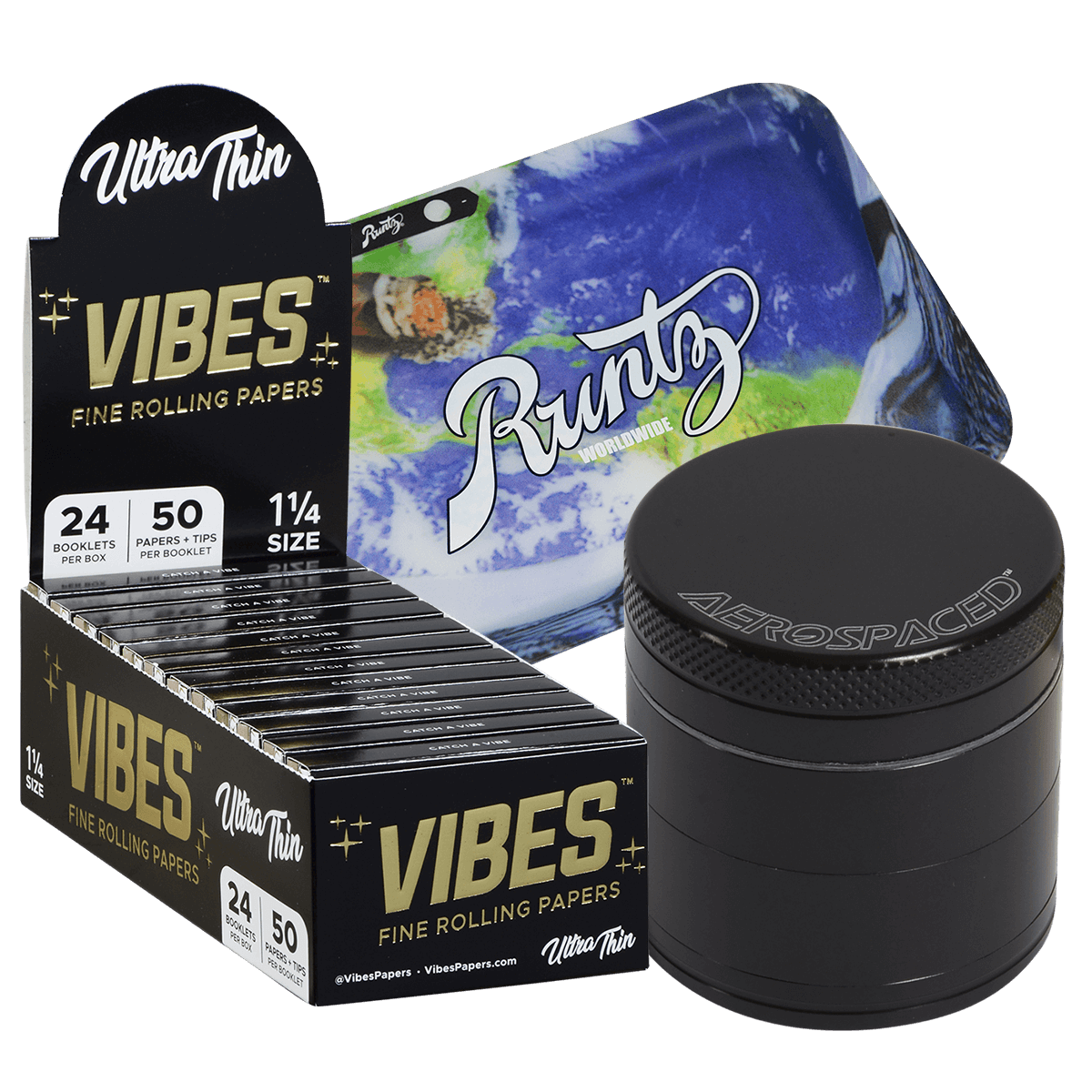 **GRINDER 1.6" FOUR PIECE, VIBES ULTRA THIN KING SIZE PAPERS W FILTERS,