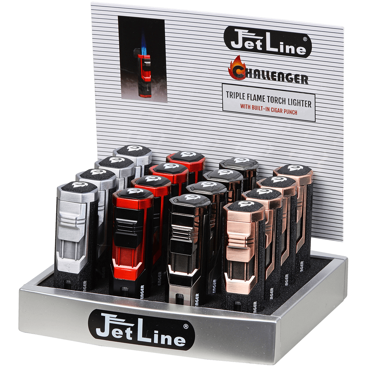 Lighter Jetline Challenger Triple Flame 3 Colors 16 Ct. Display