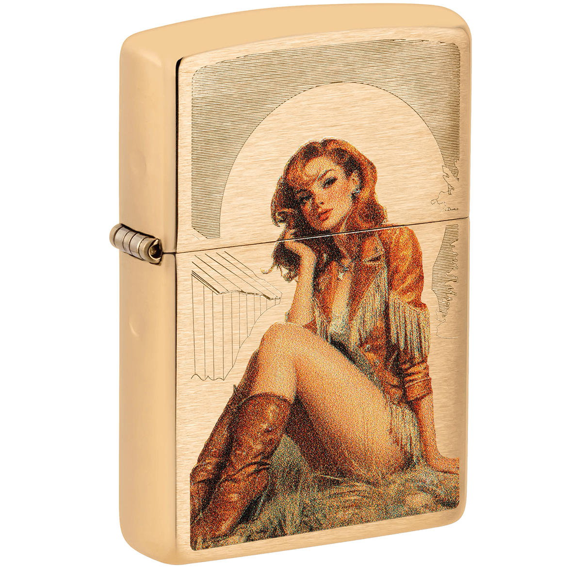 Zippo Cowgirl Engraved Color Image Brushed Brass