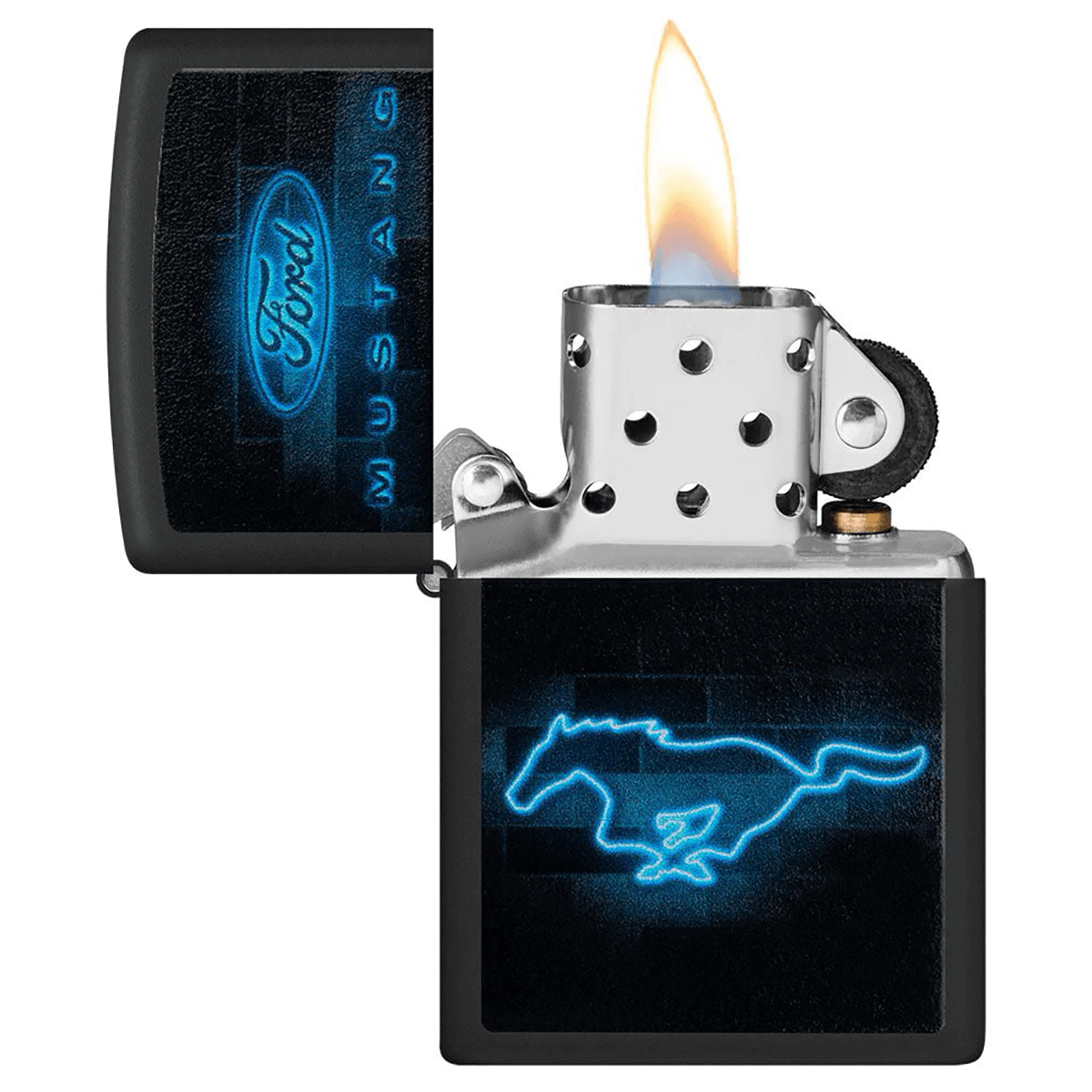 Zippo Ford Mustang Blue Neon Logo Black Matte