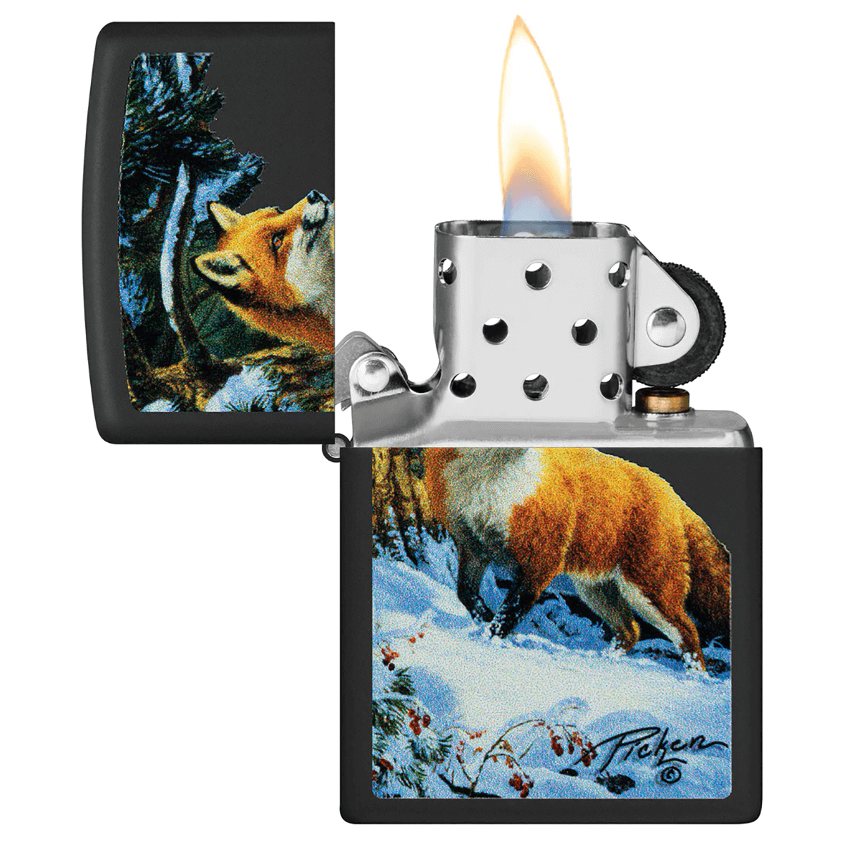Zippo Linda Picken Fox In Snow Matte Black