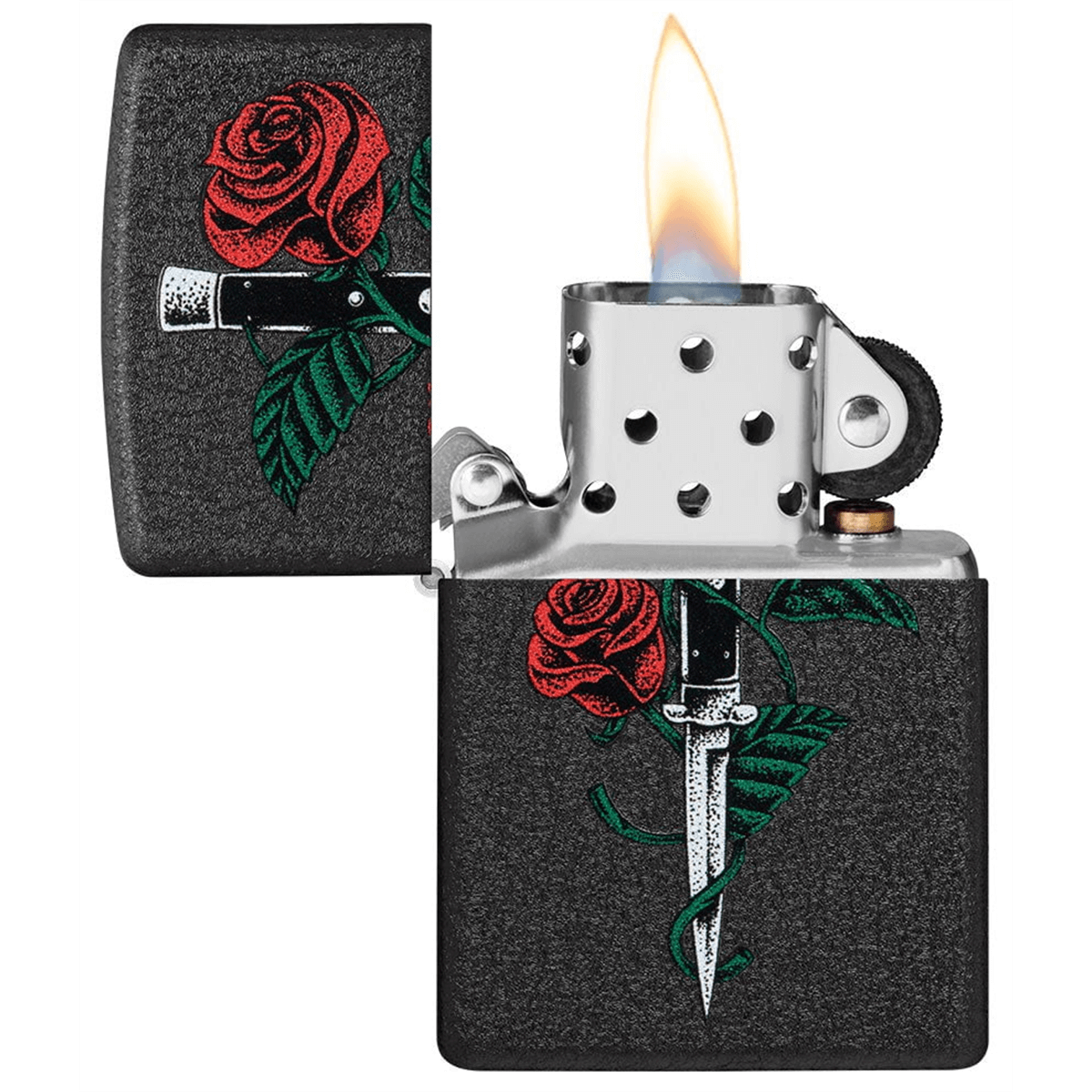 Zippo Black Crackle Rose Dagger Tattoo Design