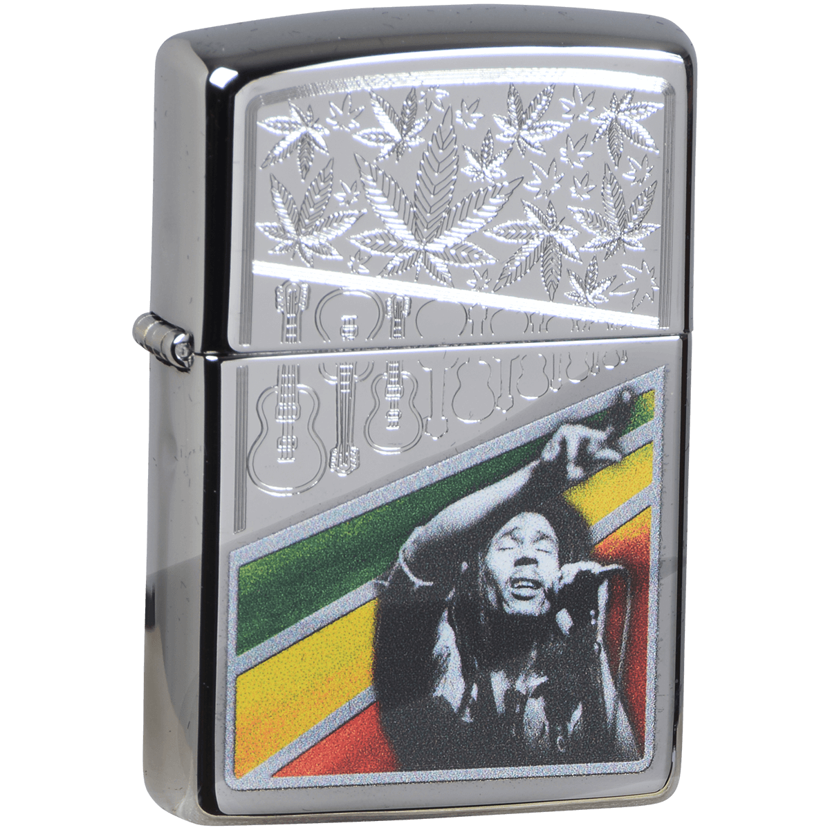 Zippo Pk Collection Bob Marley Etched Cannibis Leaf High Polish Chrome