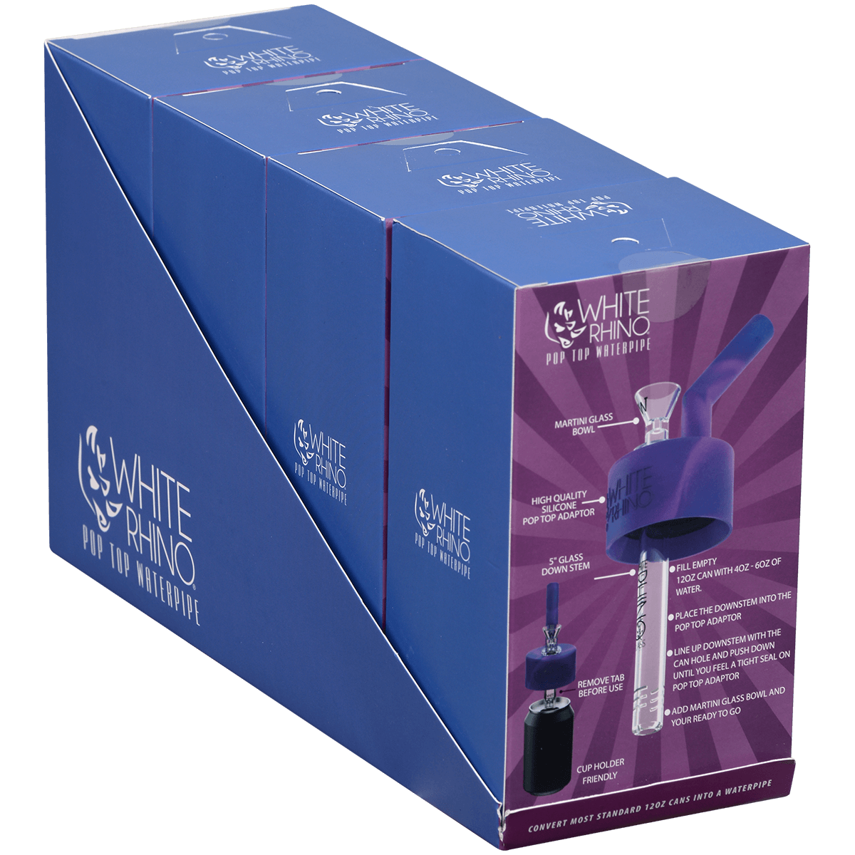 Pipe Silicone White Rhino Pop Top Blue & Purple 4Ct Display