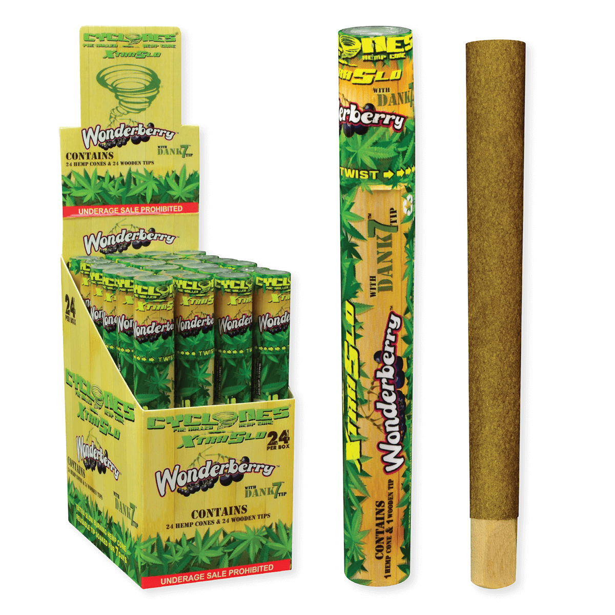 Papers Cyclones 1X Pre-Rolled Hemp Extra Slo Cone Wonderberry 24 Ct. Tube Upright Display
