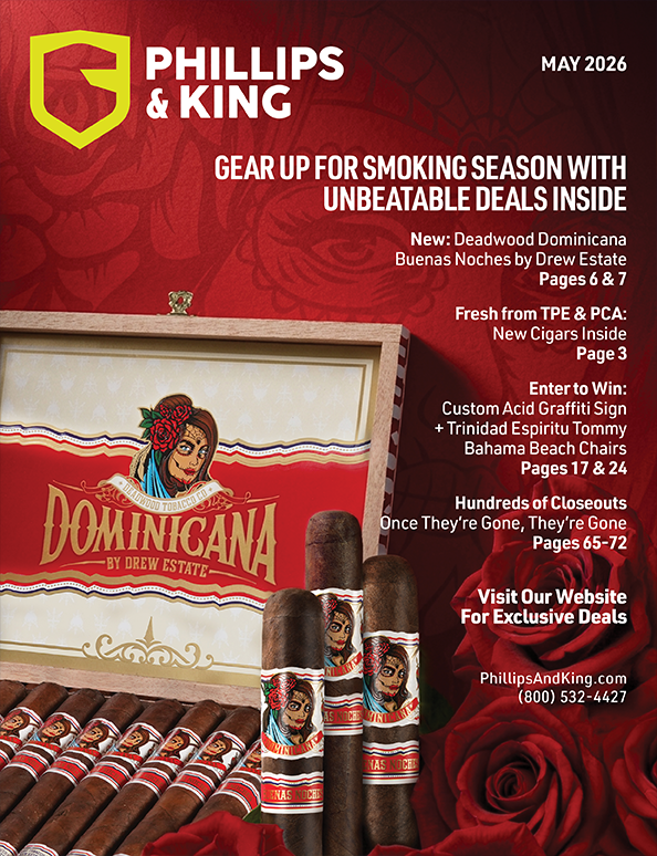 Phillips & King promotional flyer for Dominicana cigars with red background and cigars displayed.