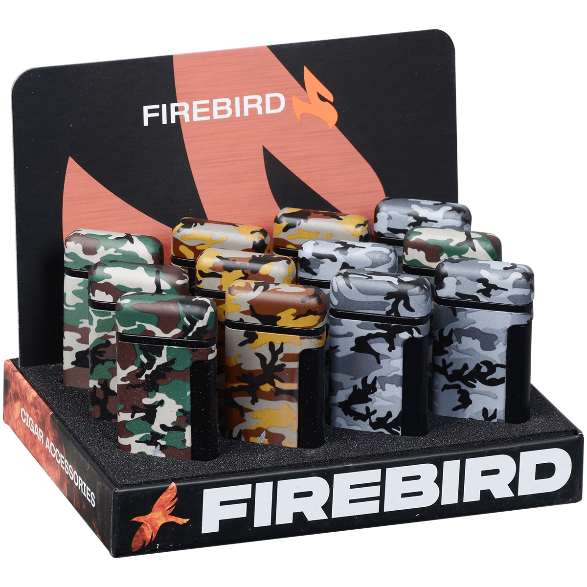 Lighter Firebird Sidewinder Camo Wind-Resistant Angled Single Jet Flame 4 Colors 12 Ct. Display