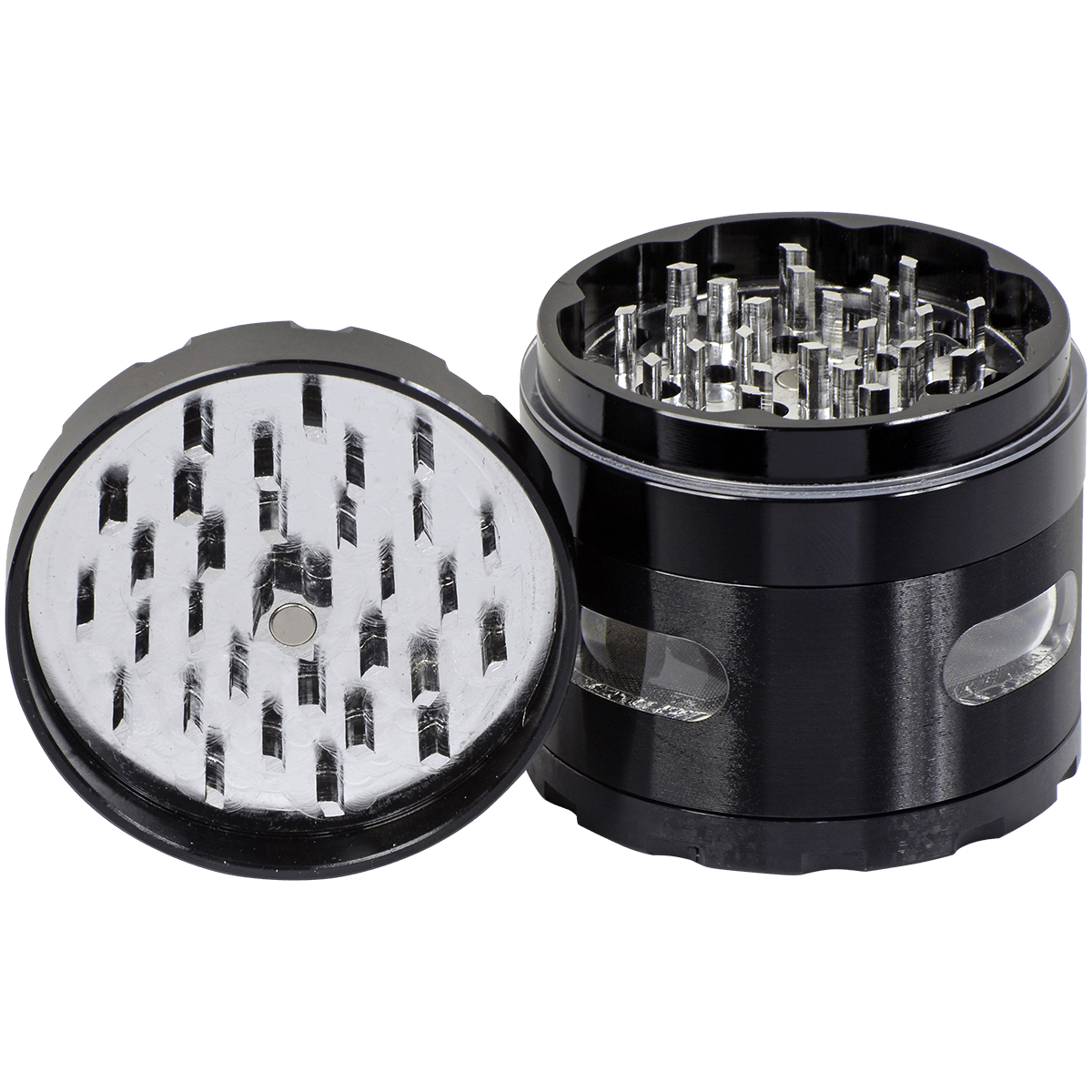 Tobacco Grinder 2.5" Black Four Piece W Chamber Window