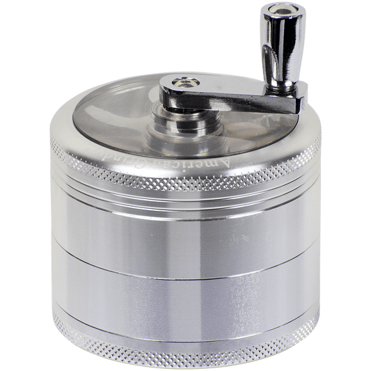 Tobacco Grinder 62Mm Silver 4 Pc With Crank Handle Aluminum