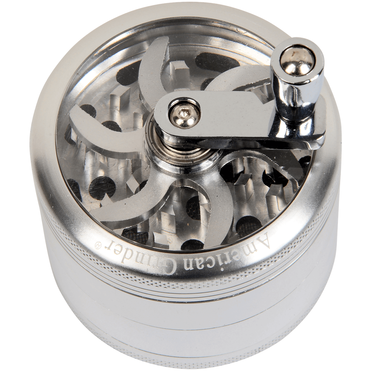Tobacco Grinder 62Mm Silver 4 Pc With Crank Handle Aluminum