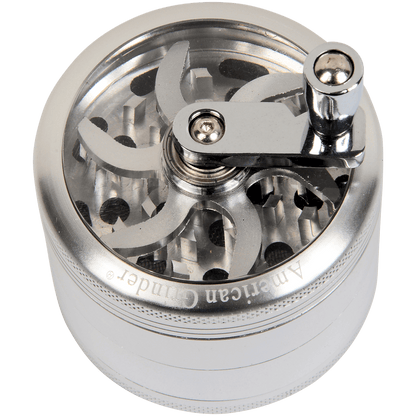 Tobacco Grinder 62Mm Silver 4 Pc With Crank Handle Aluminum