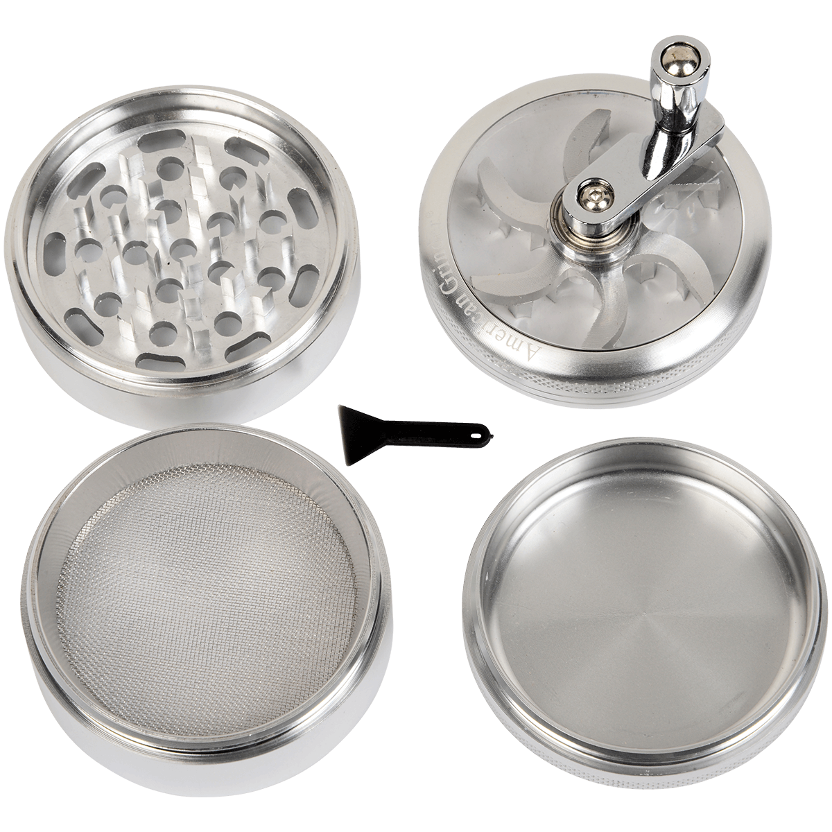 Tobacco Grinder 62Mm Silver 4 Pc With Crank Handle Aluminum