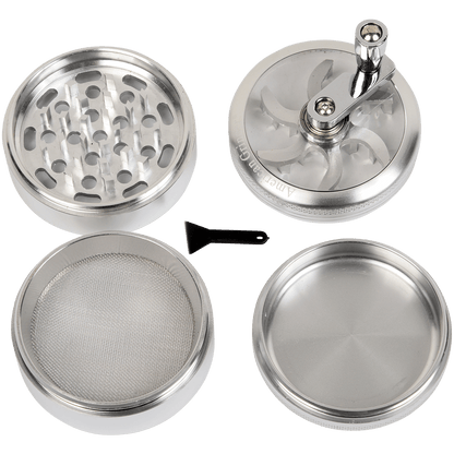 Tobacco Grinder 62Mm Silver 4 Pc With Crank Handle Aluminum