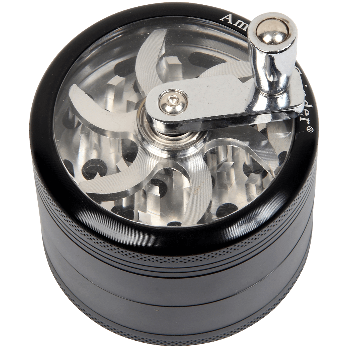 Tobacco Grinder 62Mm Black 4 Pc With Crank Handle Aluminum