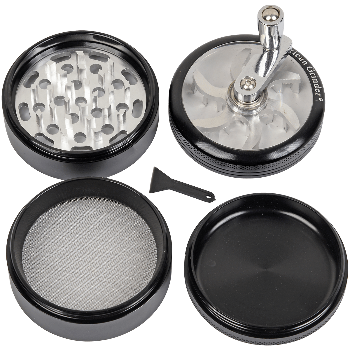 Tobacco Grinder 62Mm Black 4 Pc With Crank Handle Aluminum