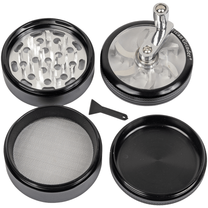 Tobacco Grinder 62Mm Black 4 Pc With Crank Handle Aluminum