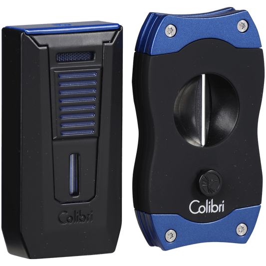 Colibri Combo Gift Pack Black & Blue Slide Lighter And Blue V-Cut Cutter