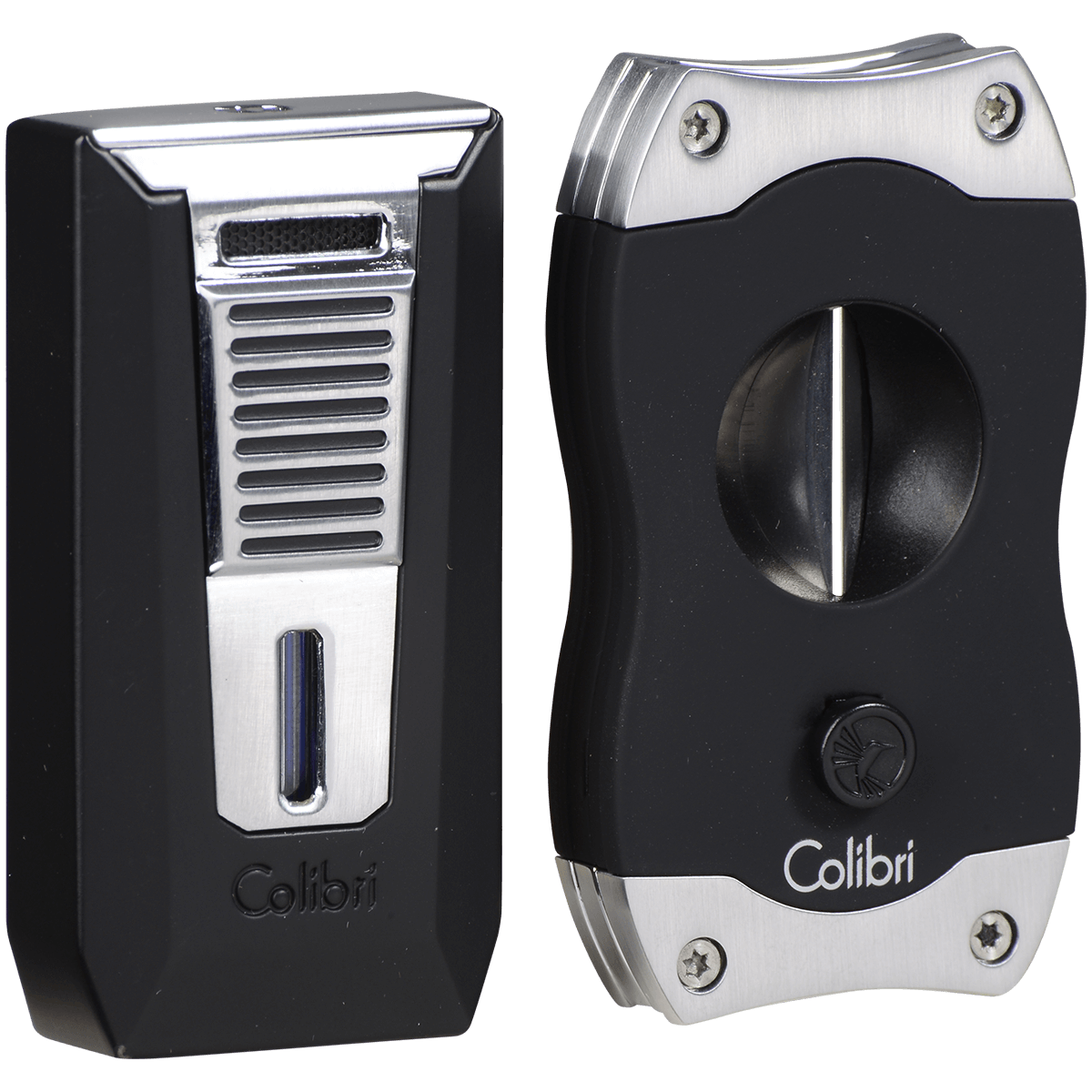 Colibri Combo Gift Pack Matte Black Chrome Slide Lighter And Brushed Chrome V-Cut Cutter