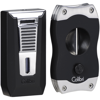 Colibri Combo Gift Pack Matte Black Chrome Slide Lighter And Brushed Chrome V-Cut Cutter