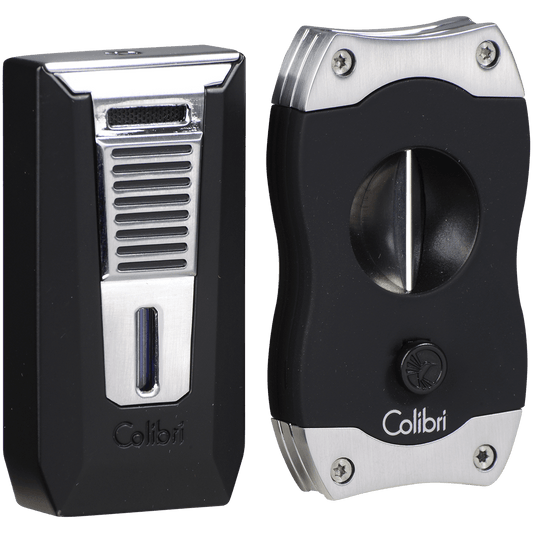 Colibri Combo Gift Pack Matte Black Chrome Slide Lighter And Brushed Chrome V-Cut Cutter