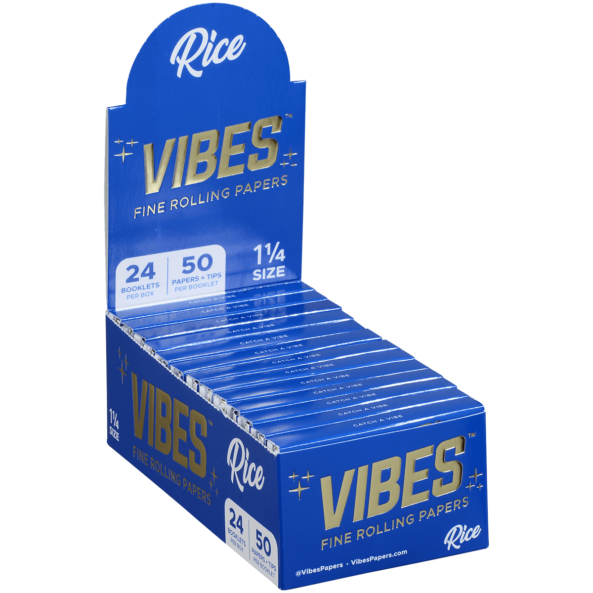 **VIBES - PAPERS WITH FILTERS -1 1/4 - RICE (BLU) 24 BOOKLETS PER BOX 50 PAPERS AND TIPS PER BOOKLET