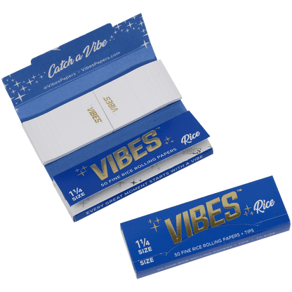 **VIBES - PAPERS WITH FILTERS -1 1/4 - RICE (BLU) 24 BOOKLETS PER BOX 50 PAPERS AND TIPS PER BOOKLET