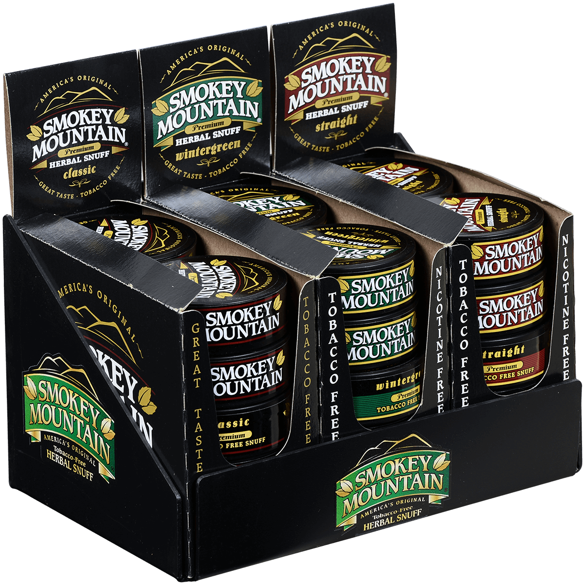 Moist Snuff Non Tobacco Smokey Mountain (W.Green, Classic, Straight) Pre-Pack Display 30 Ct.