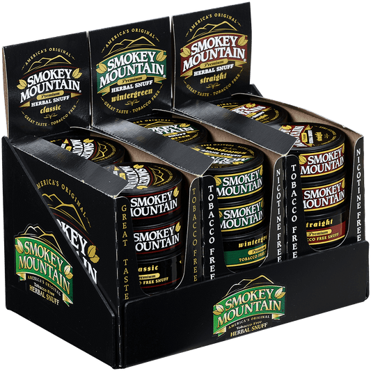 Moist Snuff Non Tobacco Smokey Mountain (W.Green, Classic, Straight) Pre-Pack Display 30 Ct.