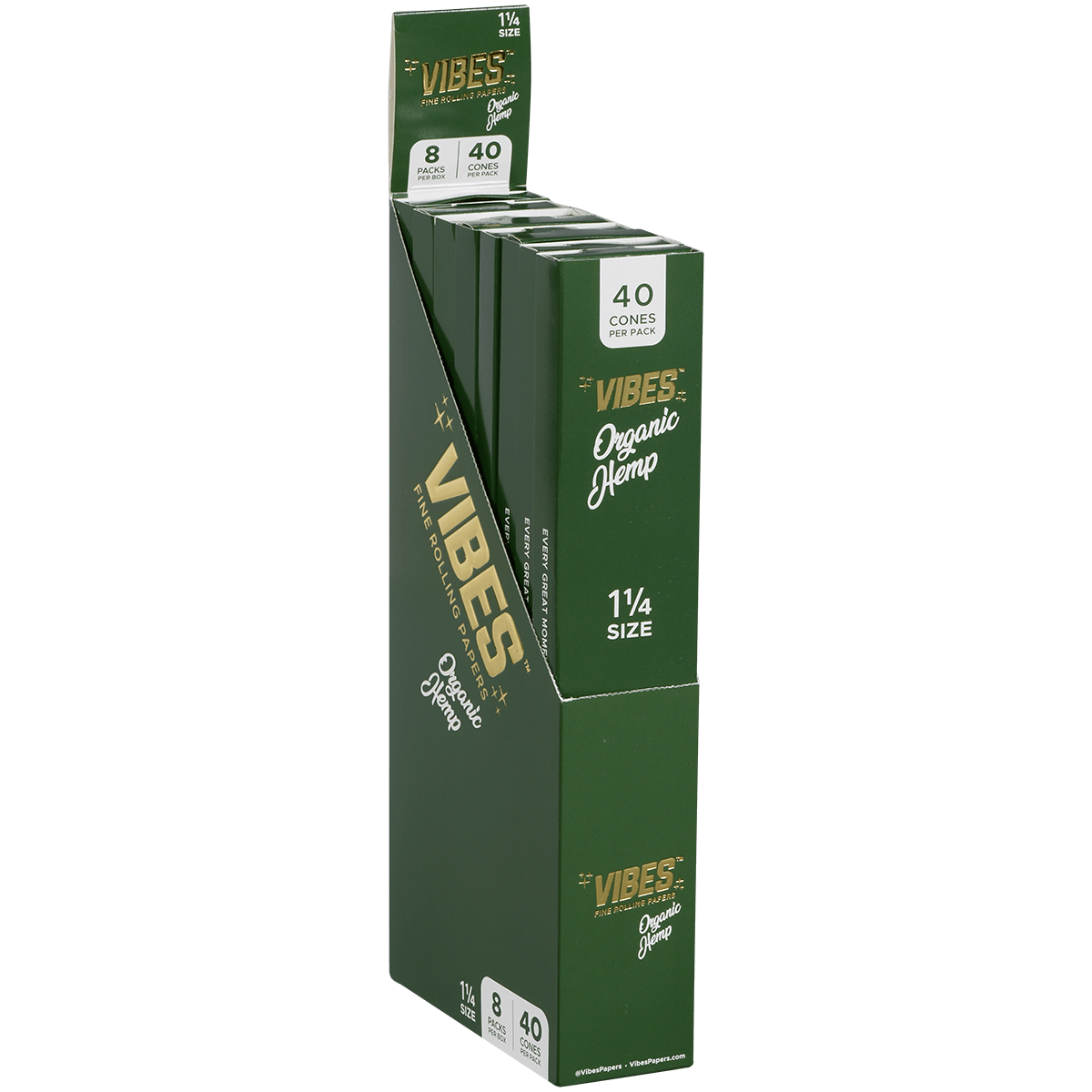 **VIBES - CONES - COFFIN - 1 1/4 - ORGANIC HEMP (GRN) 8 BOXES PER DISPLAY 40 CONES PER BOX