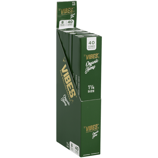 **VIBES - CONES - COFFIN - 1 1/4 - ORGANIC HEMP (GRN) 8 BOXES PER DISPLAY 40 CONES PER BOX