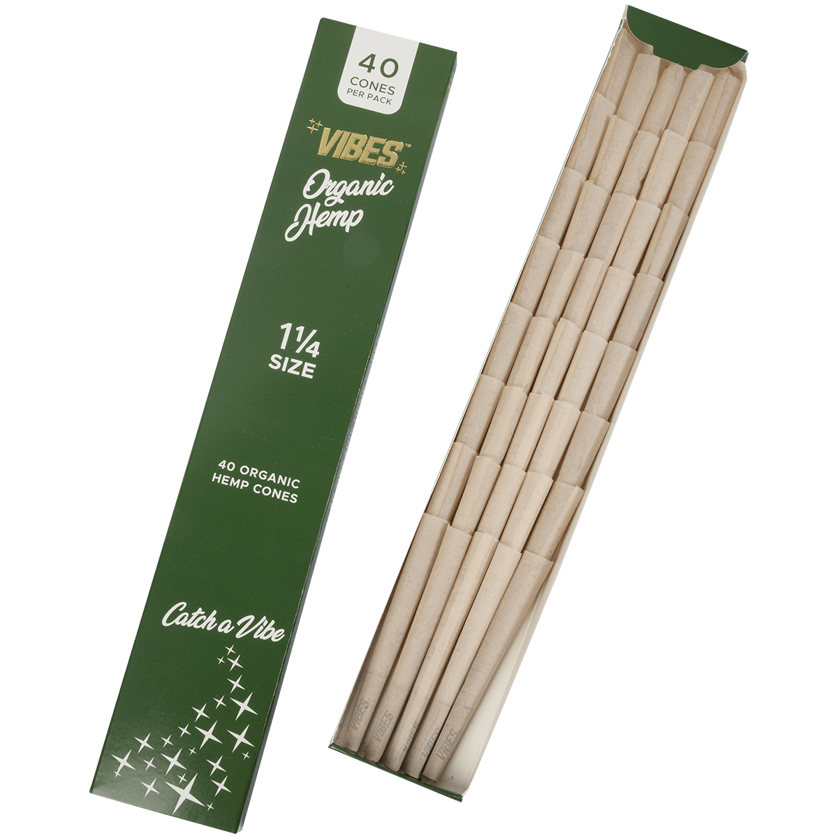 **VIBES - CONES - COFFIN - 1 1/4 - ORGANIC HEMP (GRN) 8 BOXES PER DISPLAY 40 CONES PER BOX