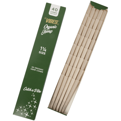 **VIBES - CONES - COFFIN - 1 1/4 - ORGANIC HEMP (GRN) 8 BOXES PER DISPLAY 40 CONES PER BOX