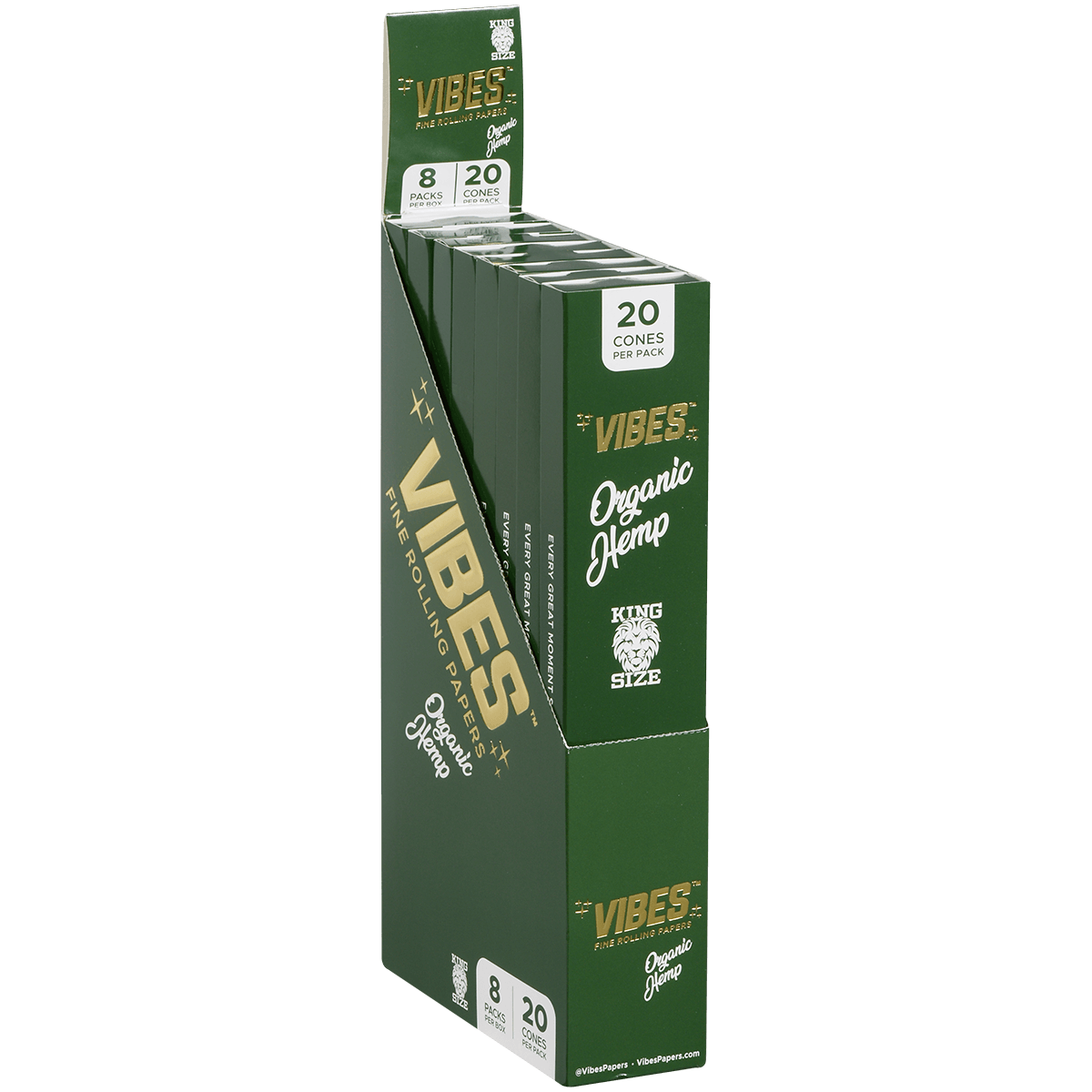 **VIBES - CONES - COFFIN - KING SIZE - ORGANIC HEMP (GRN) 8 BOXES PER DISPLAY 20 CONES PER BOX