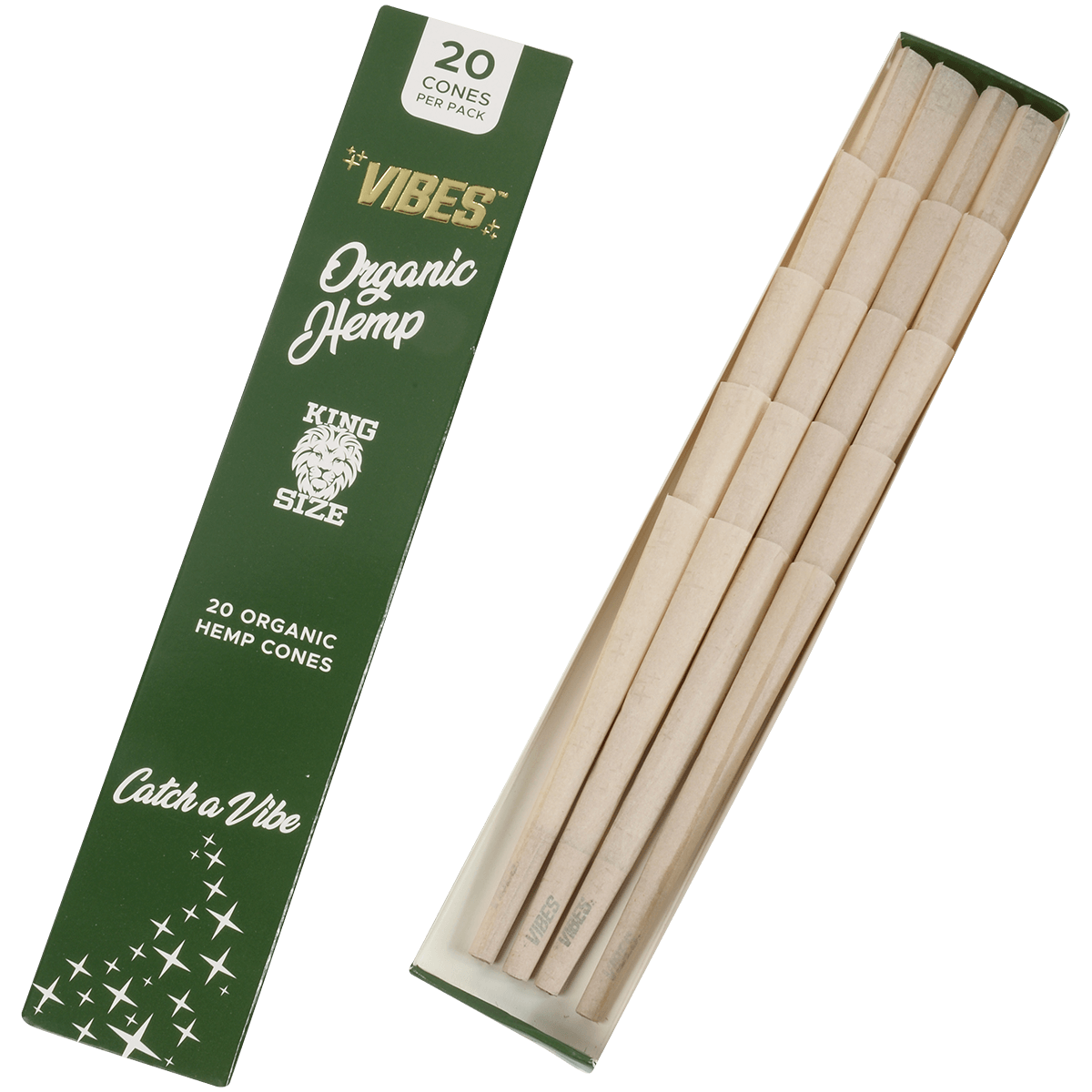 **VIBES - CONES - COFFIN - KING SIZE - ORGANIC HEMP (GRN) 8 BOXES PER DISPLAY 20 CONES PER BOX