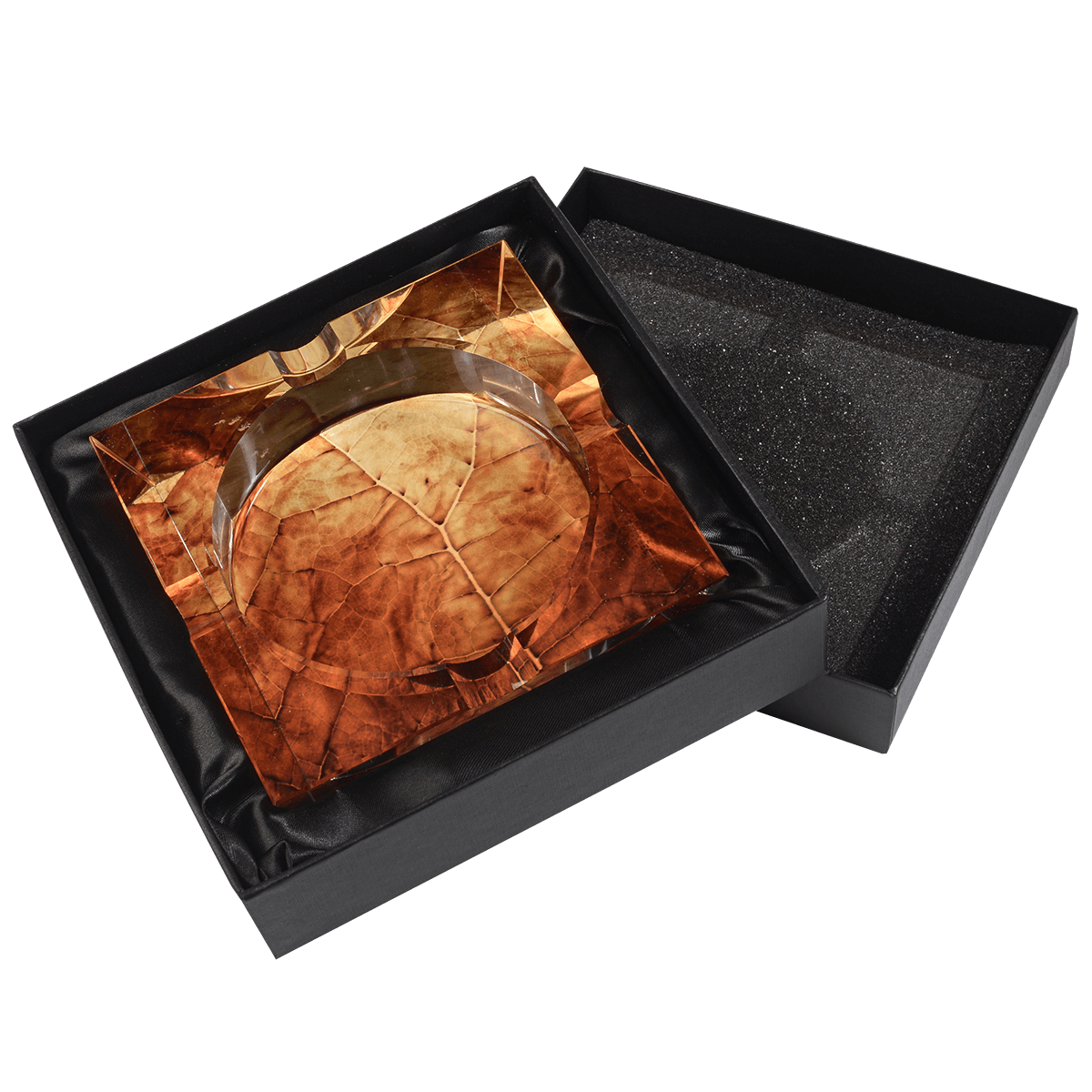 Ashtray Crystal Square 4 Cigar Leaf Print 0.875"X 1.625