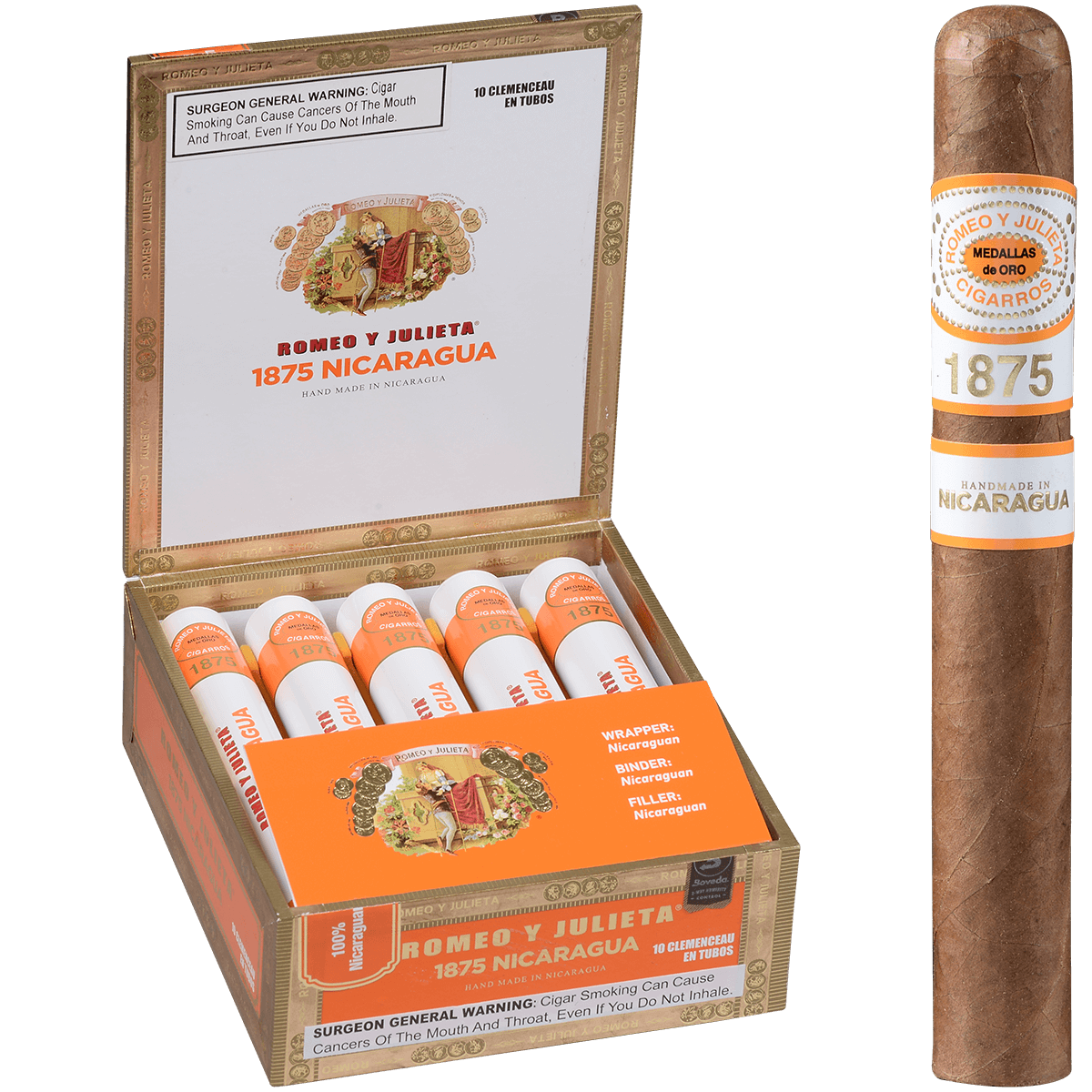Romeo Y Julieta 1875 Nicaragua Clemenceau Em Tubo 10 Ct. Box 6.00X50