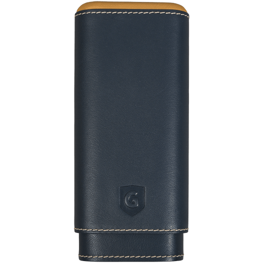 PK GUARDSMAN LEATHER CEDAR LINED CHURCHILL 3 CIGAR CASE NAVY AND GOLD