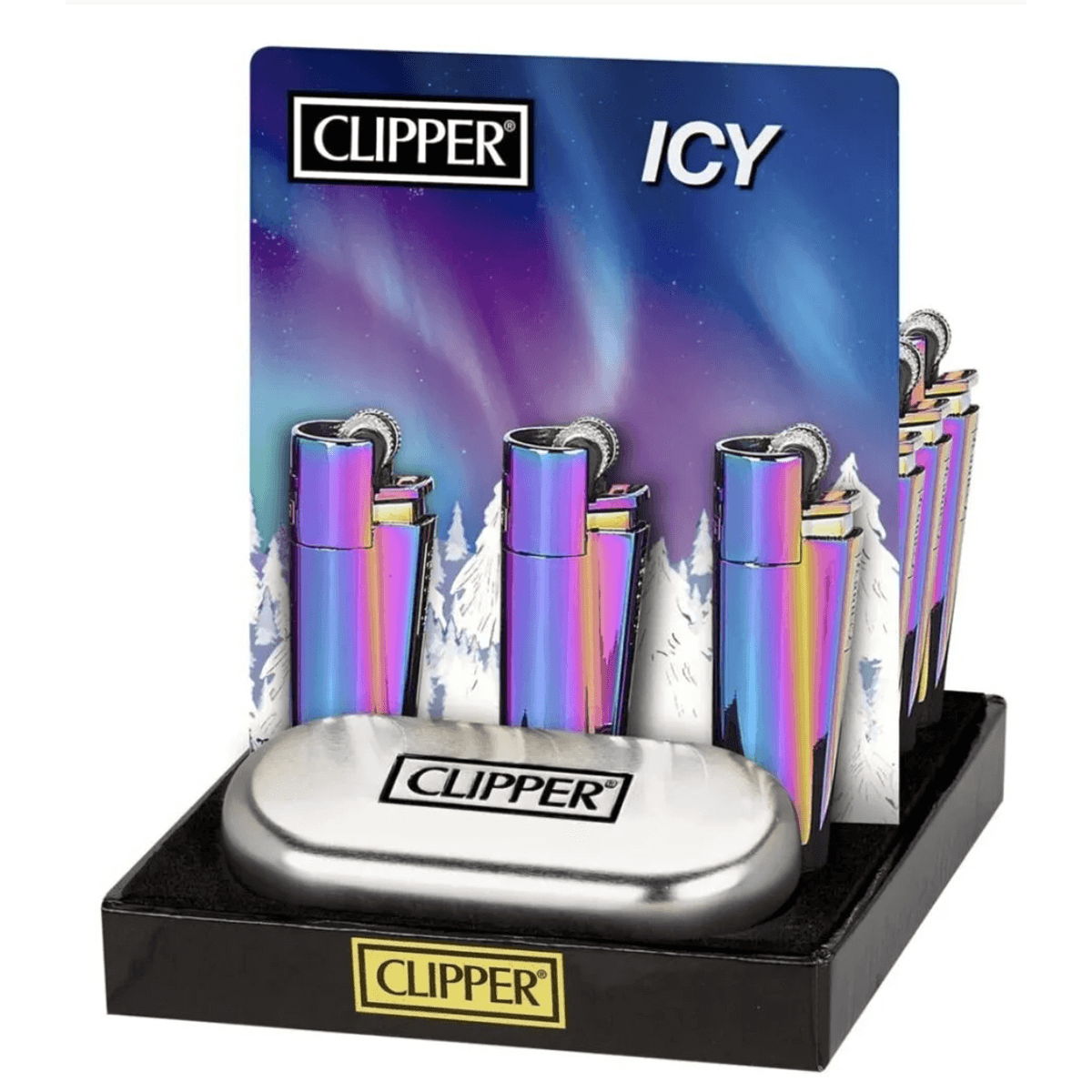 Clipper Classic Metal Lighter Icy 12Ct Display With Packing Tool