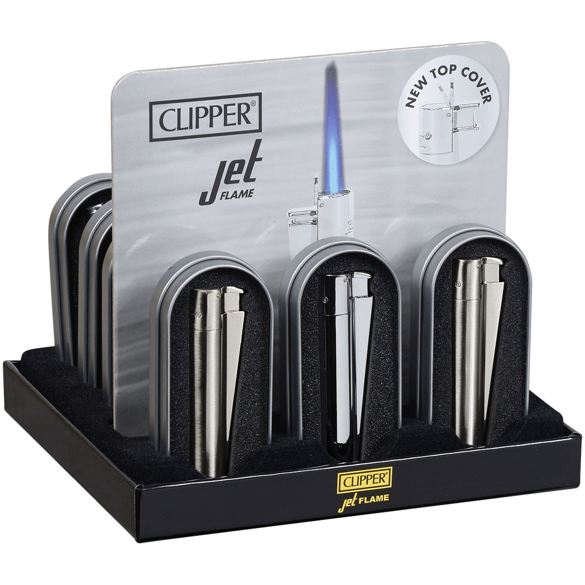 Clipper Electronic Jet Lighter Silver Metal 12Ct Tray
