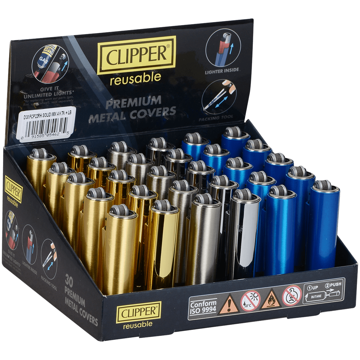 Lighters Clipper Cp22 Metal Covers Solid Mix 30 Ct. Tray