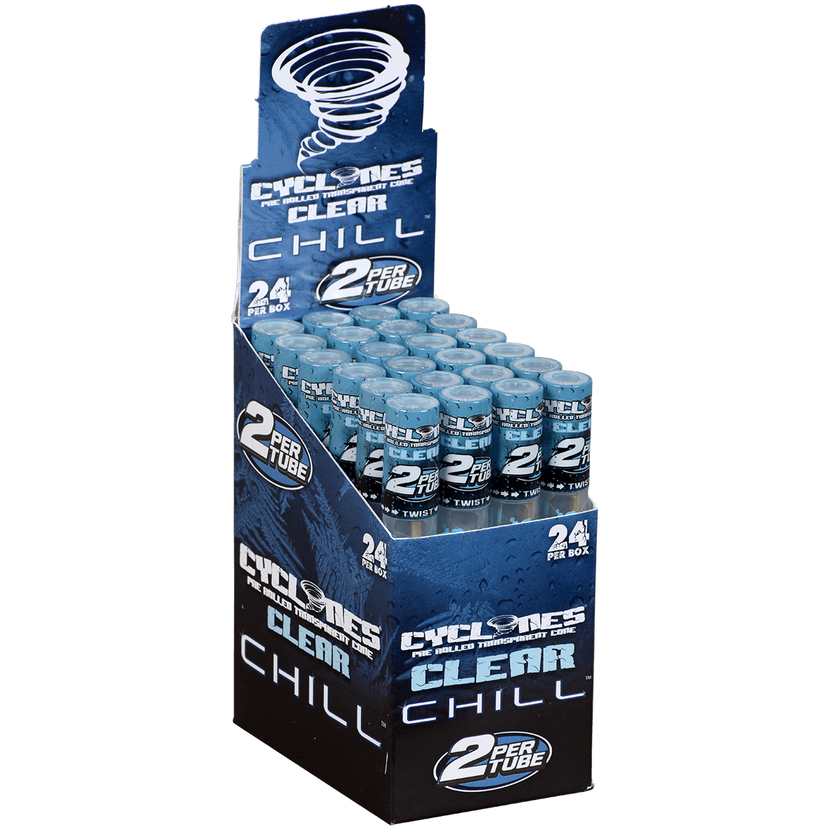 Papers Cyclones 2X Pre-Rolled Clear Cone Blue Chill 24 Ct. Tube Upright Display