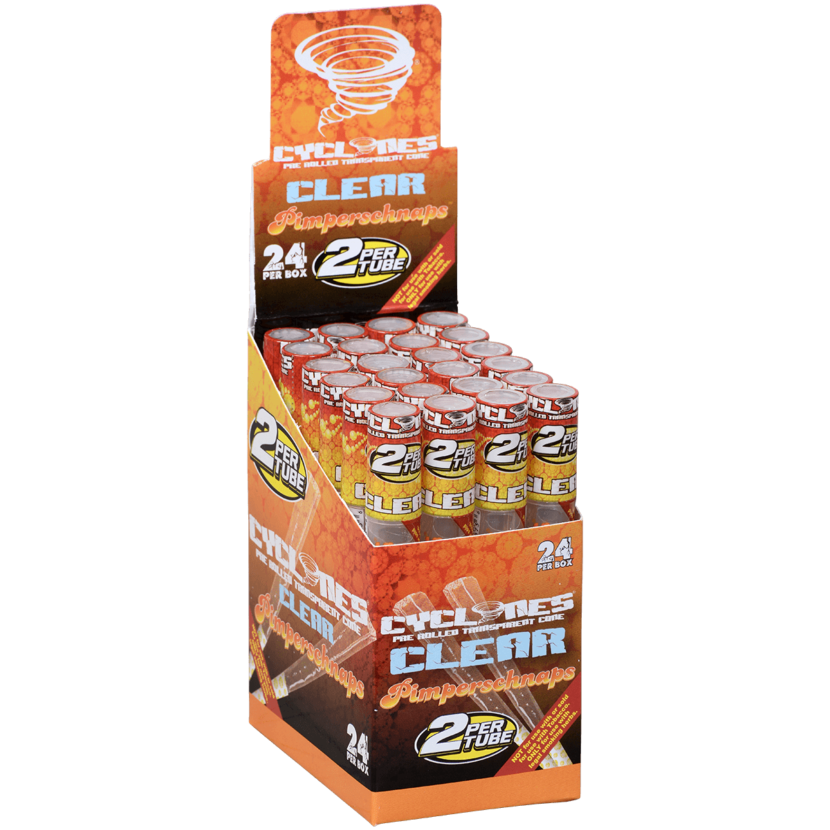 Cyclones 2X Pre-Rolled Clear Cone Pimperschnapps 24 Ct. Tube Upright Display